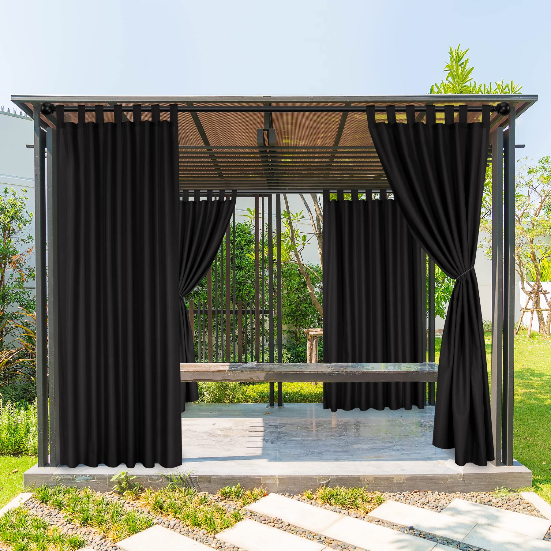 Photo 1 of BONZER Waterproof Outdoor Curtains for Patio, Weatherproof Tab Top Outdoor Privacy Curtains for Porch, Pergola, Gazebo, Deck, 1 Panel, 52x95 Inch, Black