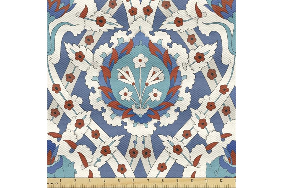 Ambesonne Eastern Fabric by The Yard, Traditional Ornament with Little Blossoms Moroccan Oriental Culture Elements, Decorative Fabric for Upholstery and Home Accents, 1 Yard, Teal Vermilion