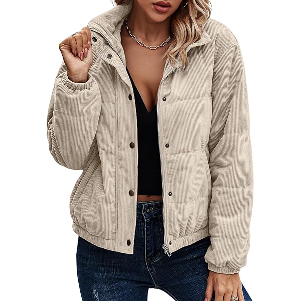 SOLY HUX Women's Corduroy Puffer Jacket Zip Up Snap Button