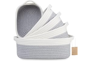 NaturalCozy 5-Piece Rectangle Storage Basket Set- Natural Cotton Rope Woven Baskets for Organizing! Small Basket for Montessori, Baby Nursery, Dog Toy Baskets, Cat Toy Box, Bathroom Organization Bin