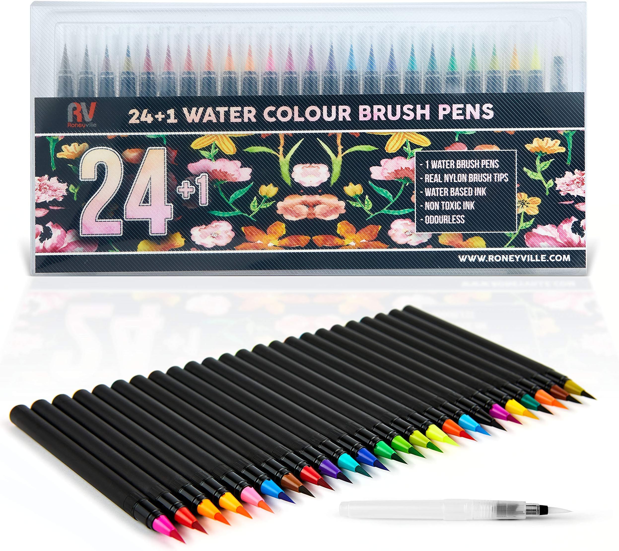 (24 + 1 Pack) Watercolour Brush Pens Set by Roneyville, Real Professional Water Brush Pen with Flexible Nylon Brush Tip for Colouring, Calligraphy, Drawing, Writing - Non Toxic, Multiple Colours