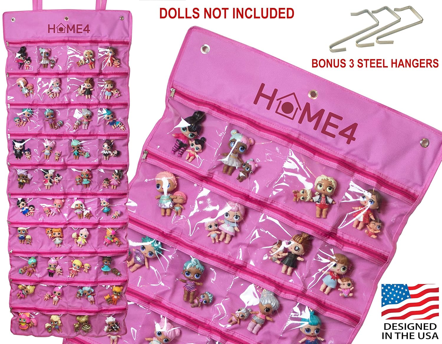 HOME4 LOL Toys Hanging Storage Organizer Carrying Travel, 40 Clear View Pockets, Roll Up, for Small Dolls, Cars, Jewelry, Hair Accessories, Arts & Crafts, Bead, Sewing and More