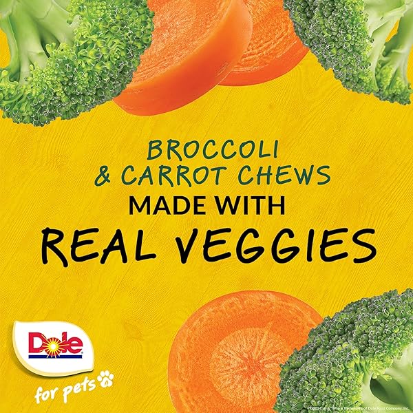 DOLE FOR PETS DOG CHEWS, ASSORTED BROCCOLI + CARROT VEGETABLE-FLAVORED TREATS, NO ARTIFICIAL COLORS FLAVORS OR PRESERVATIVES, NO WHEAT CORN SOY, PLANT BASED DOG TREATS, 7.05 OZ BAG