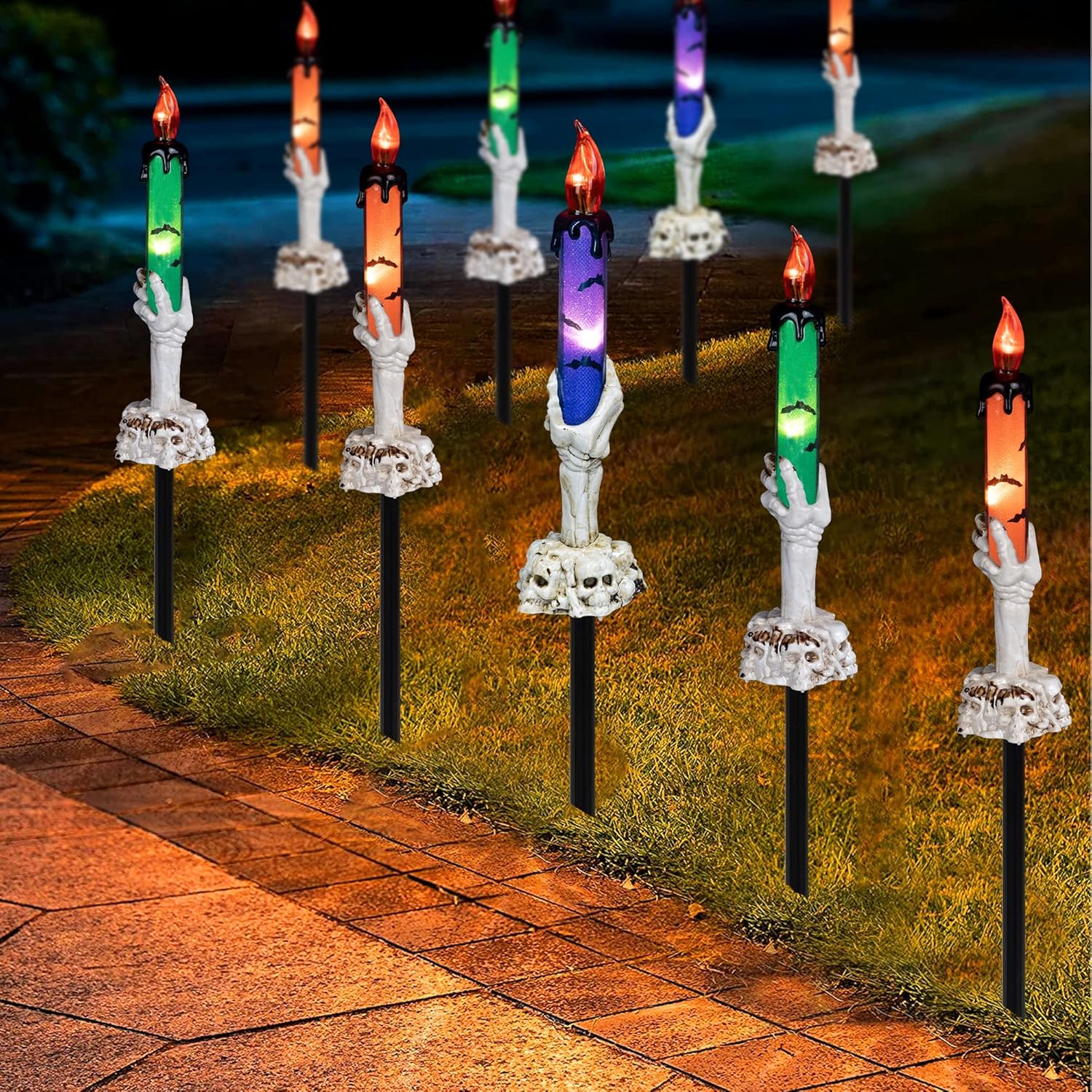 Decorative Garden Stakes - Dazzle Bright Halloween Decorations, 5 Pack Lighted Battery Operated Skeleton Hands Hold Candle with Stakes, Pathway Decor for Indoor Outdoor Party Home Garden