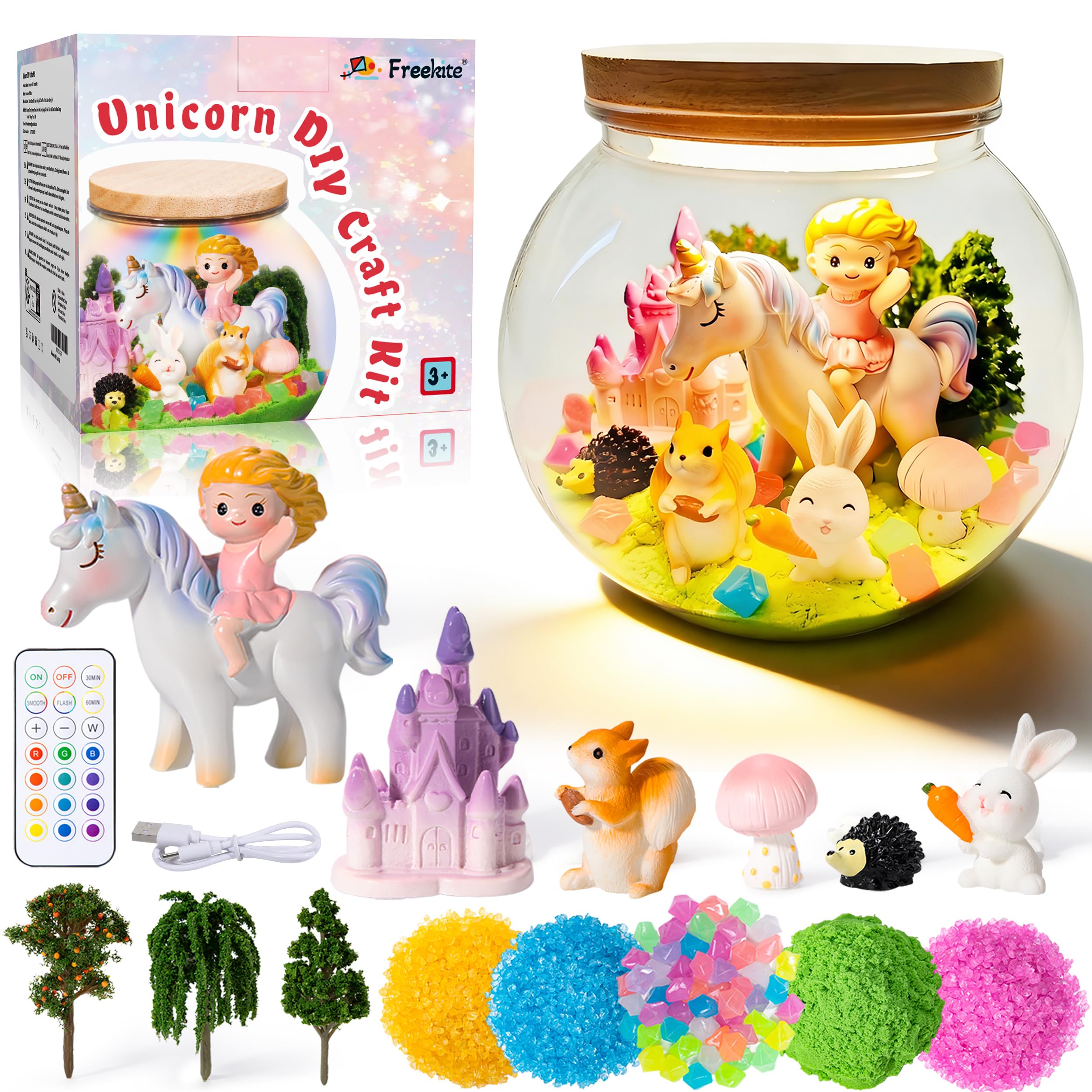 Freekite Unicorn Gifts for Girls - Unicorn Terrarium Craft Kits for Kids - Rechargeable LED Night Light with Remote - Birthday Presents Christmas Gifts - Gift for Girls Ages 4, 5, 6, 7, 8-12