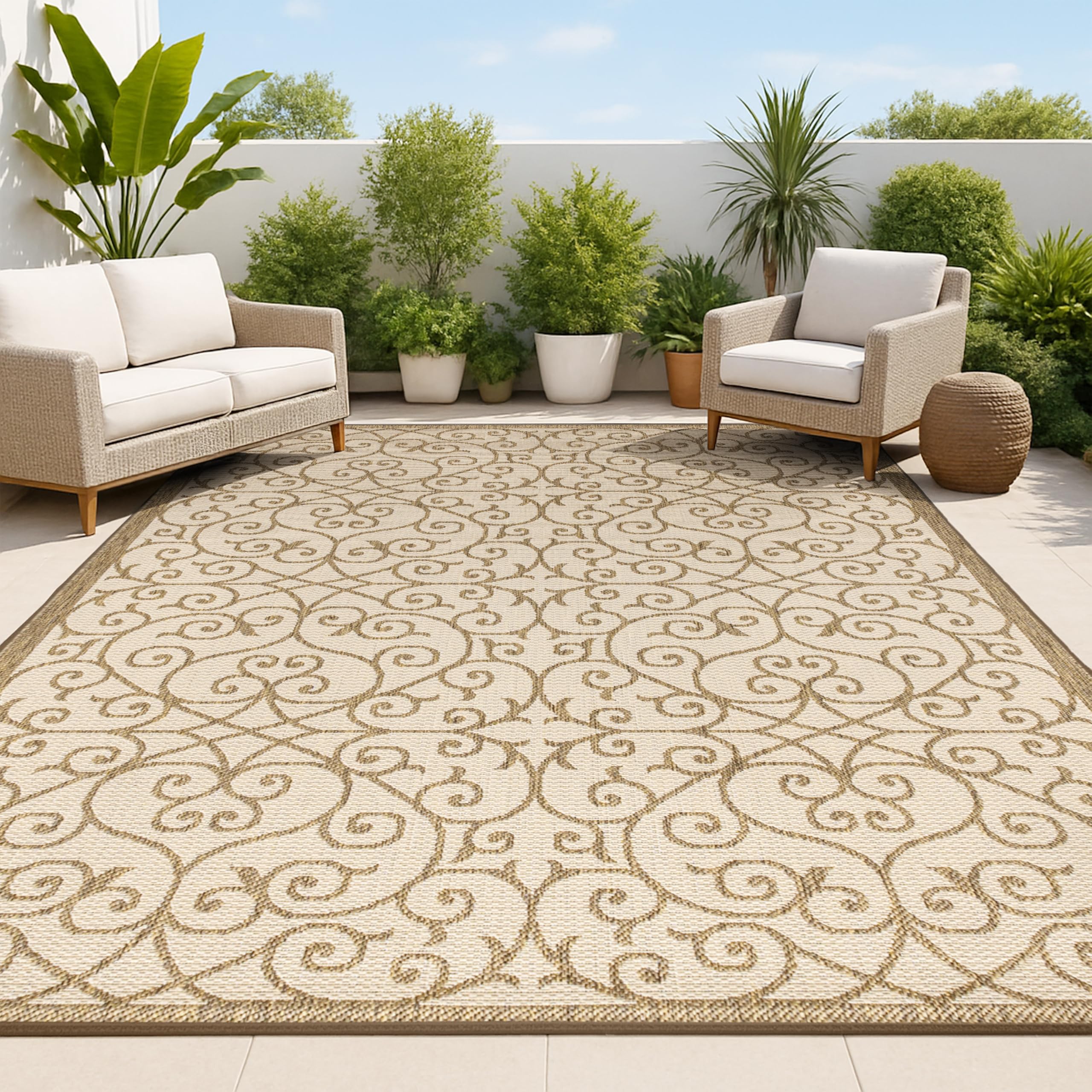 JONATHAN Y Vintage Filigree Indoor Outdoor Area Rug 10X14 Beige/Brown, Madrid Textured Weave for Backyard, Patio, Porch, Easy-Cleaning, High Traffic, Pet-Friendly, Non-Shedding (SMB107B-14) Image