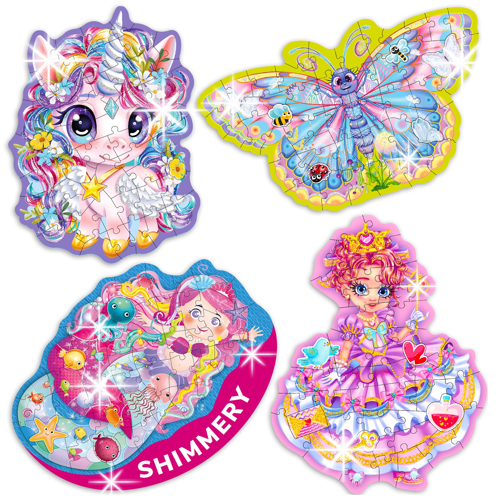 QUOKKA Shimmery Puzzles for Kids Ages 4-6 – 48 Piece Shaped Jigsaw Puzzles for Toddlers 3-5 – 4-Pack Princess, Mermaid, Butterfly & Unicorn Children's Game Ages 4-8 – Unique Gift Toy for Preschoolers