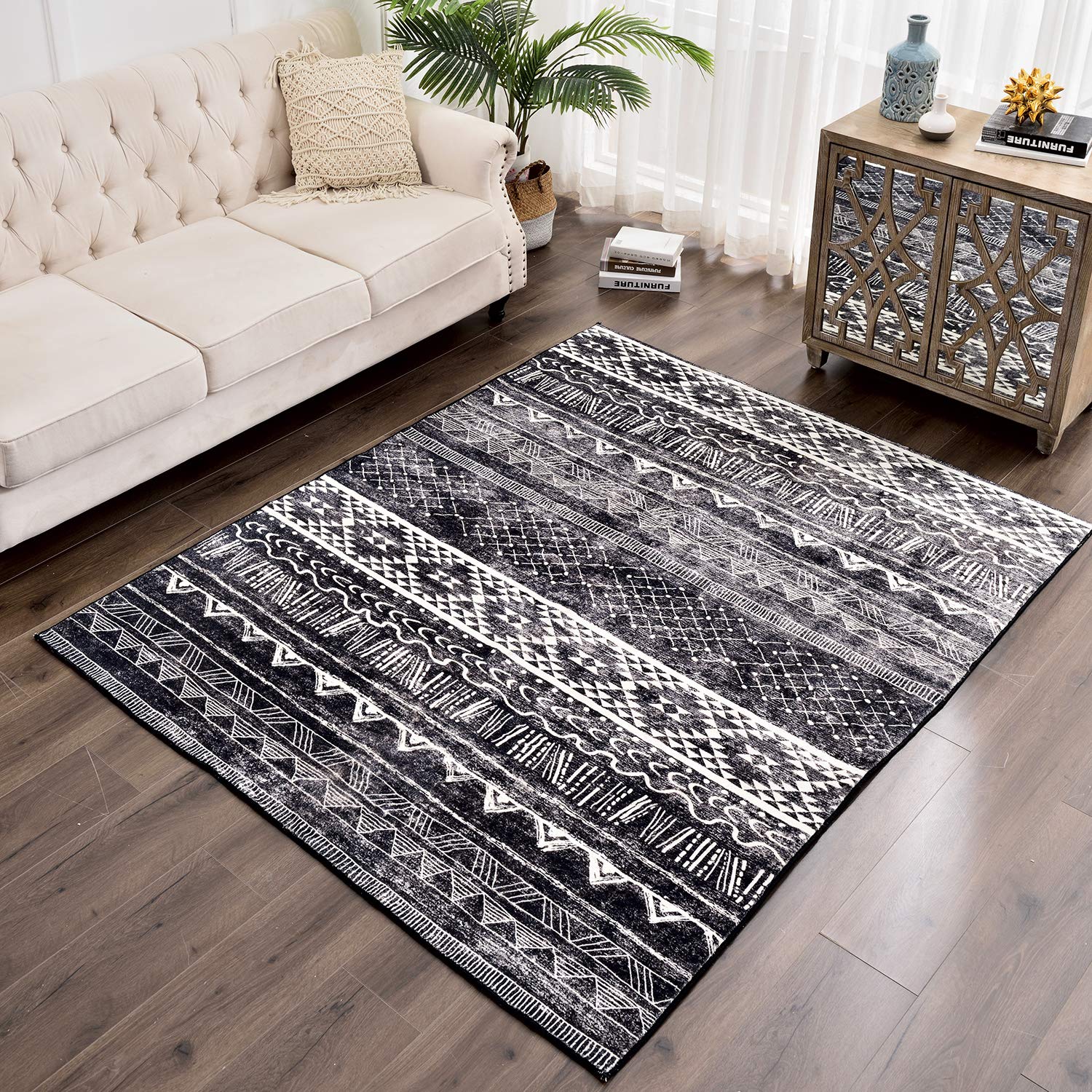 Area Rugs Modern Style Rug Artistic Traditional Unique Carpet Soft Short Pile Living Room Carpets Anti Slip Floor Mat Large for Hallway Bedroom (Black white, 80 x 120 cm) (Black white, 80 * 120cm)