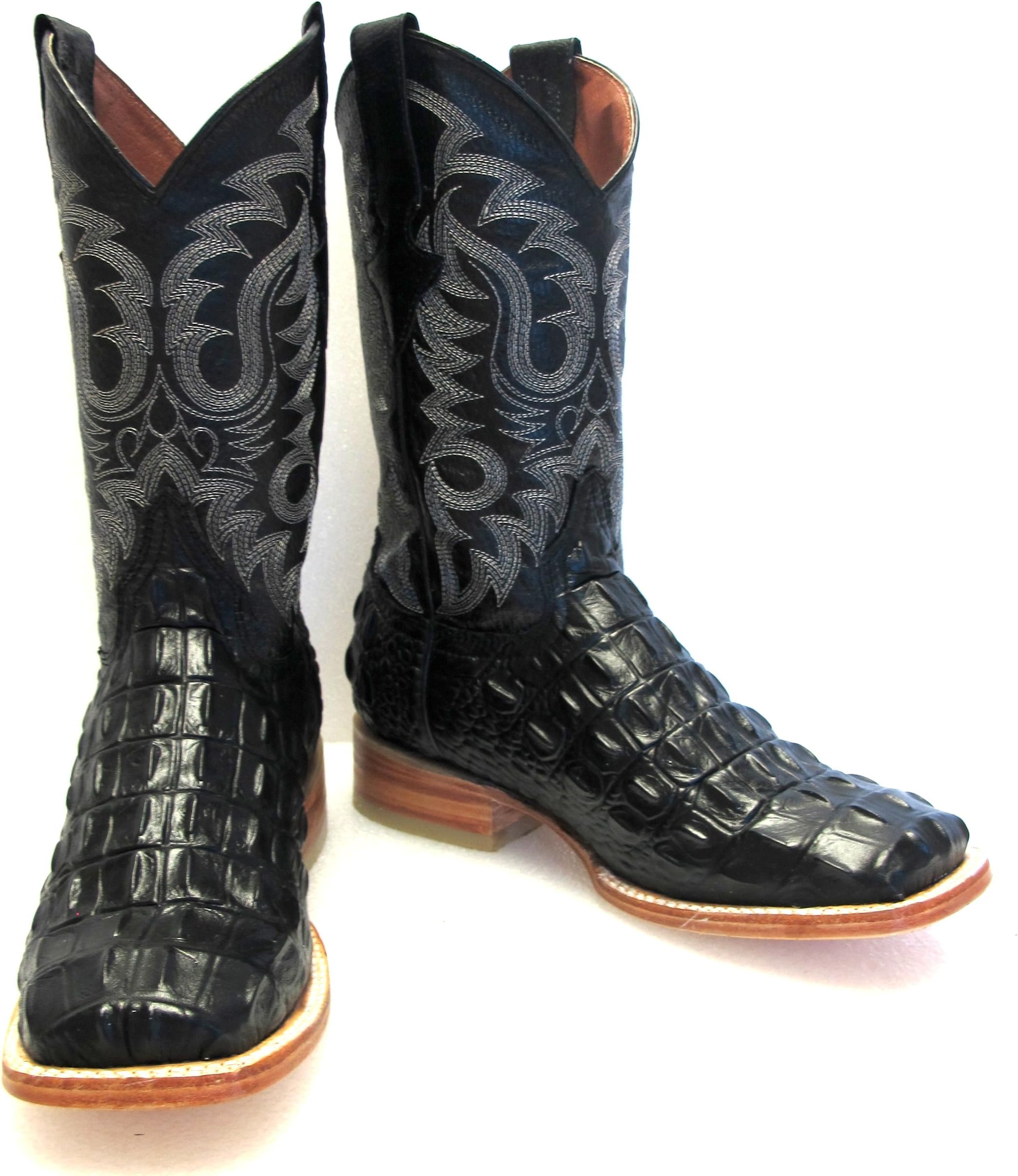 Hand Made Men's Crocodile Alligator Back Cut Leather Cowboy Western Square Toe Boots Black