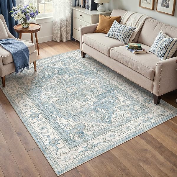 WONDRG 5X7 WASHABLE VINTAGE AREA RUG BLUE ORIENTAL LIVING ROOM BEDROOM THROW RUG NEUTRAL NON SLIP SOFT LOW PILE CARPET FOR DINING ROOM OFFICE NURSERY INDOOR