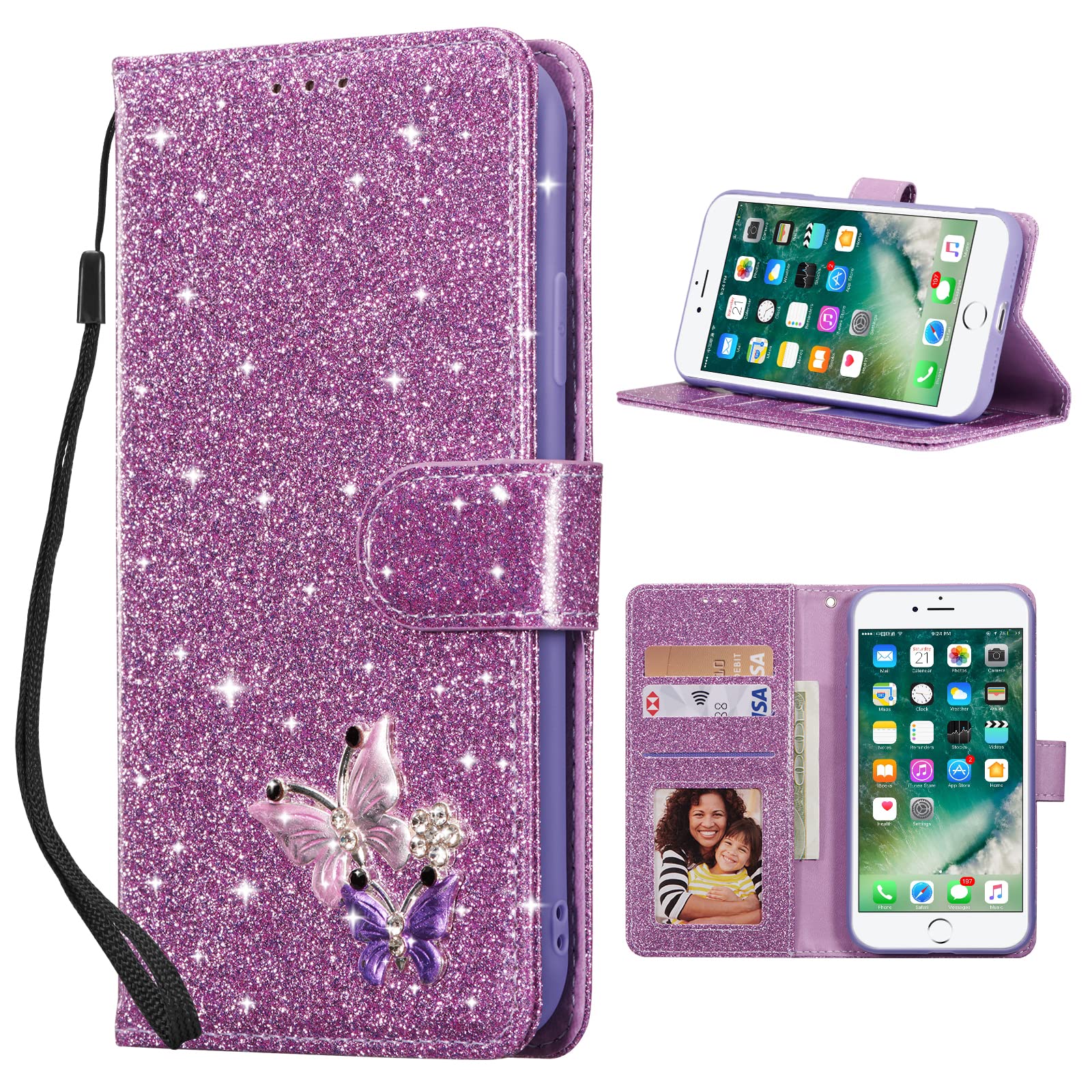 Photo 1 of UEEBAI Wallet Case for iPhone SE 2022 5G/iPhone 7/iPhone 8/iPhone SE 2020, Premium Sparkly Glitter PU Leather Phone Case Card Slots Kickstand Case Magnetic Bling Shiny Flip Cover Wrist Strap - Purple