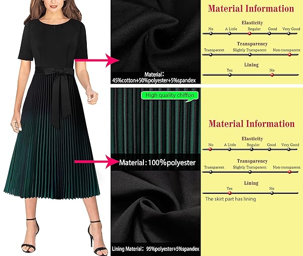 VFSHOW WOMENS PLEATED FRONT ZIPPER BELTED BUSINESS OFFICE CASUAL PARTY A-LINE BLACK OMBRE GREEN MIDI DRESS 10346 GRN XL