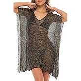 Back From Bali Womens Sheer Short Swimsuit Cover Up Sexy Pullover Metallic Mesh Knit Beach Poncho