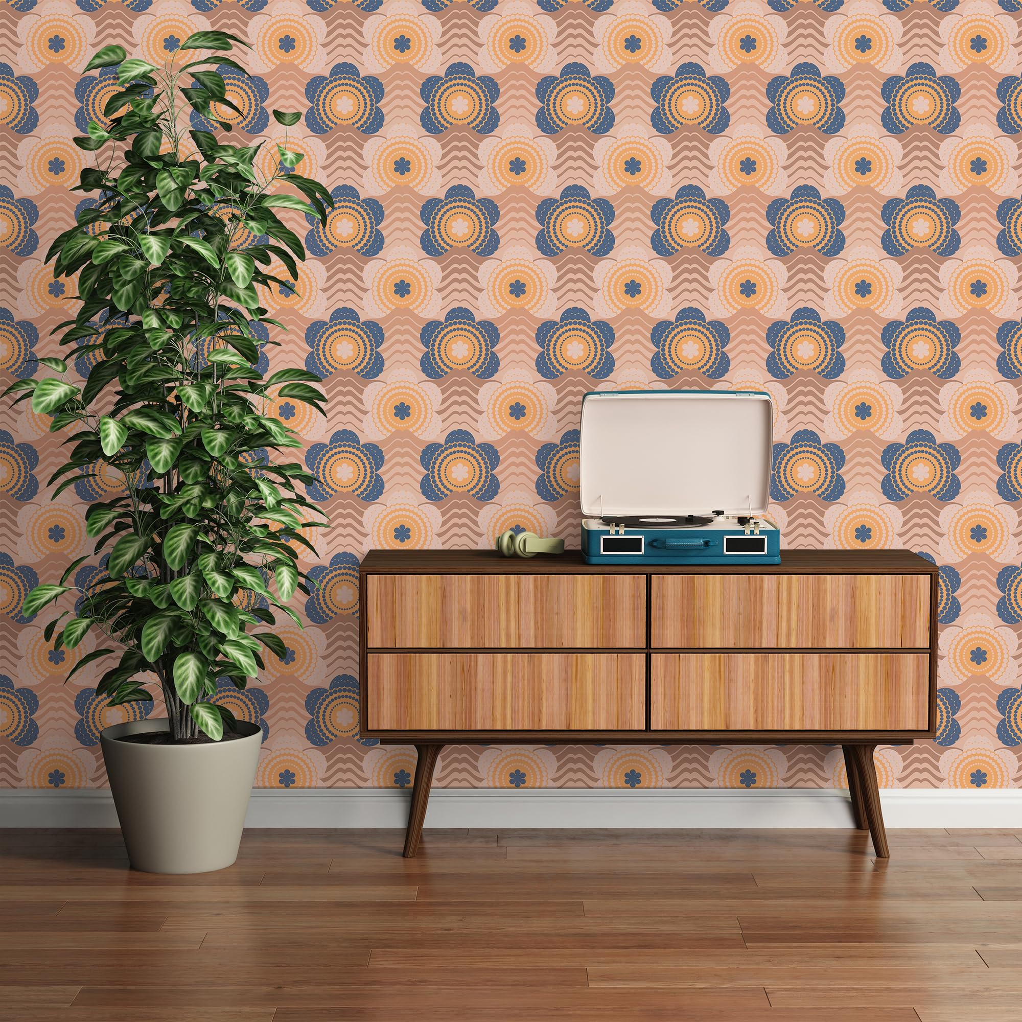 A.S. Création Retro 70's Floral Wave Wallpaper Beige/Brown/Blue/Yellow/Orange Retro Chic 395392 8.50m x 0.53m Paste The Wall
