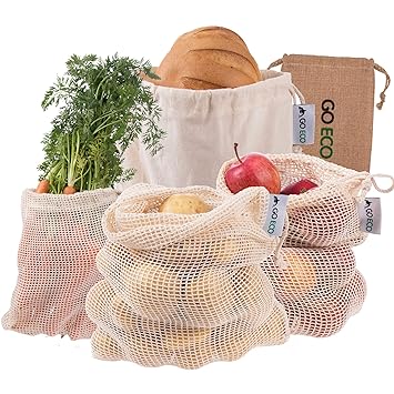 GOECO Wiederverwendbare Obstbeutel und Gemüsebeutel - 4er Set Obstnetz Gemüsenetz Inkl. Brotbeutel | Einkaufsnetz aus Bio-Bau