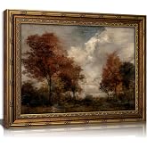 Vintage Gold Framed Wall Art, Autumn Forest Landscape Oil Painting Print, Rustic Fall Nature Decor for Living Room, Bedroom, Office, Ready to Hang