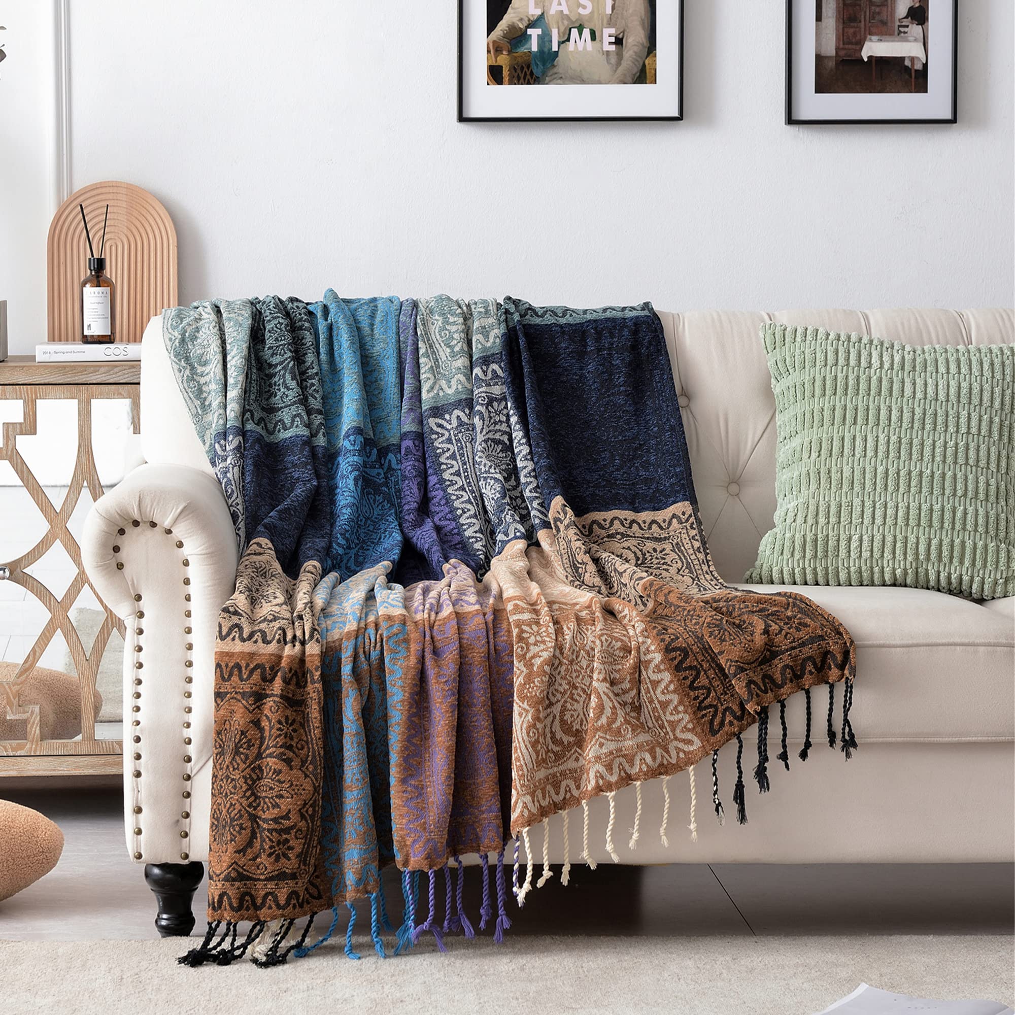 Edcooy Boho Chair Cover Colorful Chenille Tassels Hippie Throw Blanket for Couch Bed Sofa Recliner Loveseat, Blanket for Bohemian Living Room Decor (Purple-150x200cm). — image 1