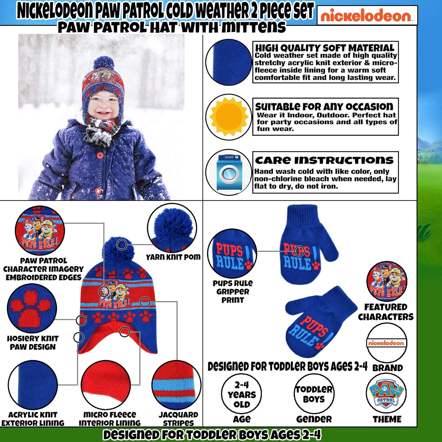 Nickelodeon Boys Winter Hat Set, Paw Patrol's Marshall, Chase and Rubble Toddler Beanie and Mittens for Kids Age 2-4: Clothing