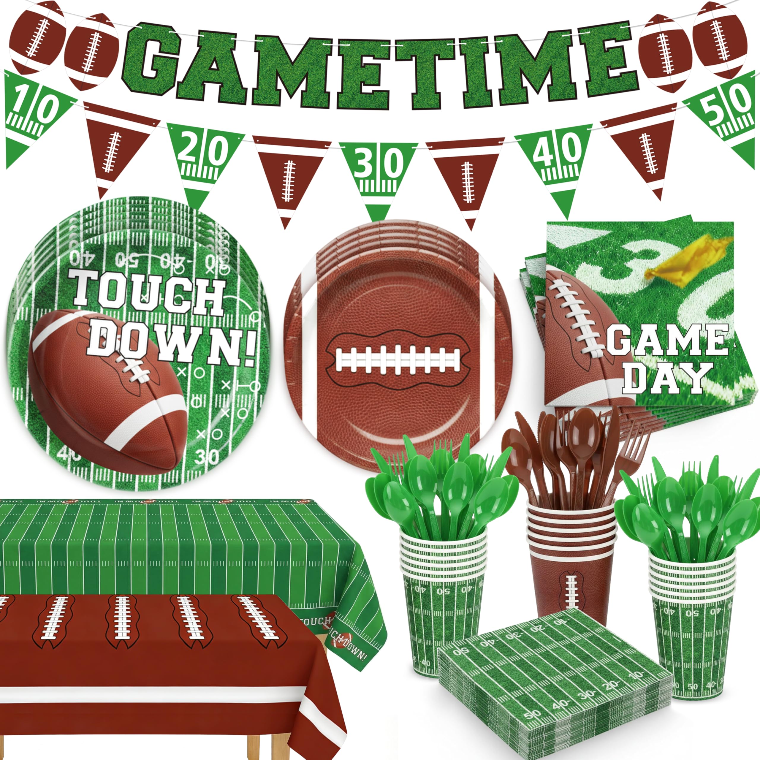Photo 1 of 196PCS Football Party Decorations Supplies Serves 24, Disposable Football Paper Plates Napkins Cups Banner Tablecloth Tableware Set for Sport Themed Game Bowl Gameday Birthday Party Decorations Favors