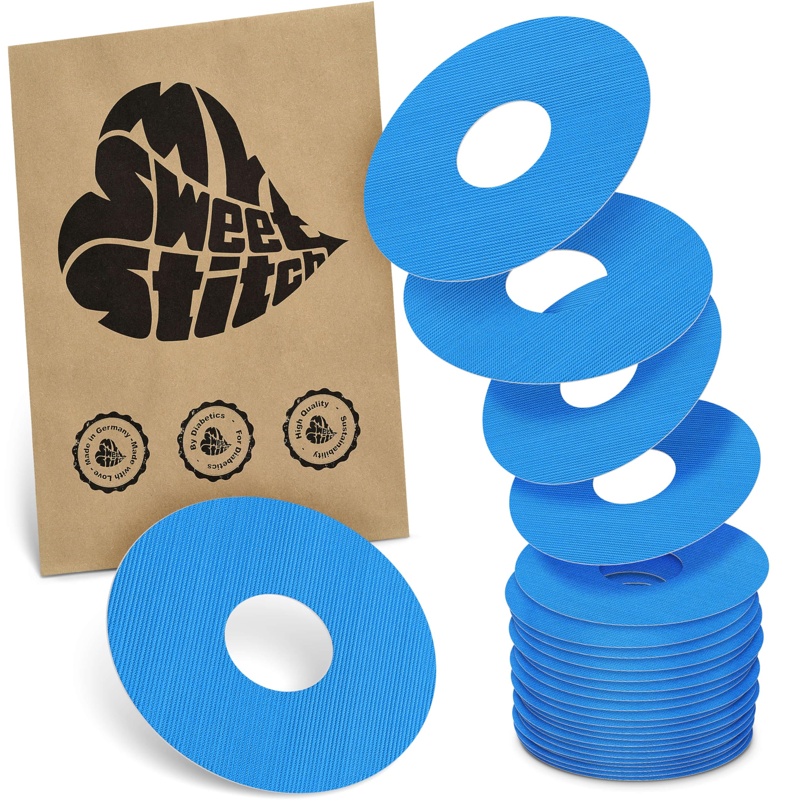MySweetStitch - 25 x Freestyle Libre 3 Round Patches, Ring Patch Ø 60mm, Inner Ø 20mm, Waterproof, Breathable, Skin-Friendly, Made in Germany, Blue