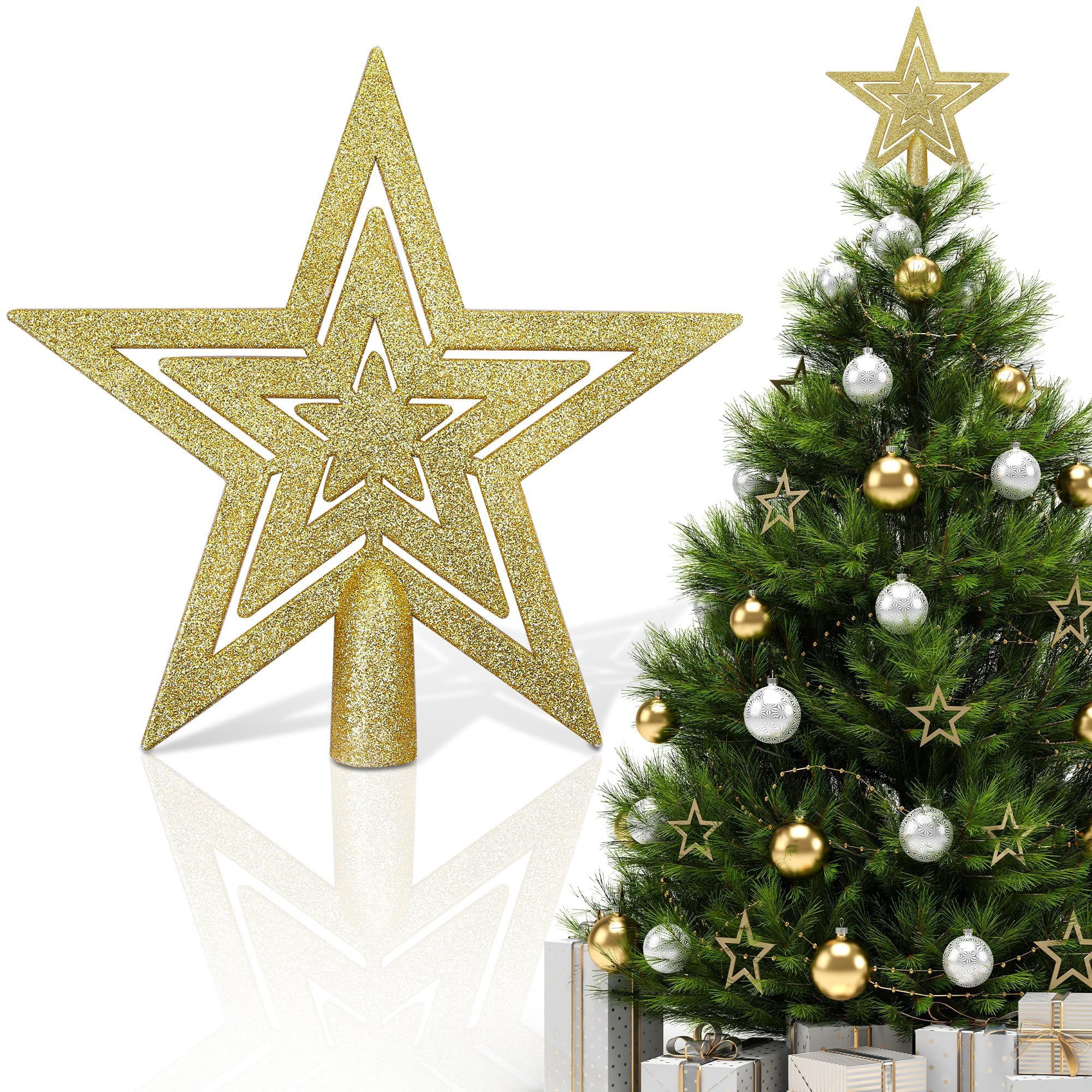 Aodaer Gold Glitter Star Tree Topper 4 Inch Mini Plastic Shatterproof Christmas Treetop Sparkle Xmas Decoration for Holiday Party Supplies