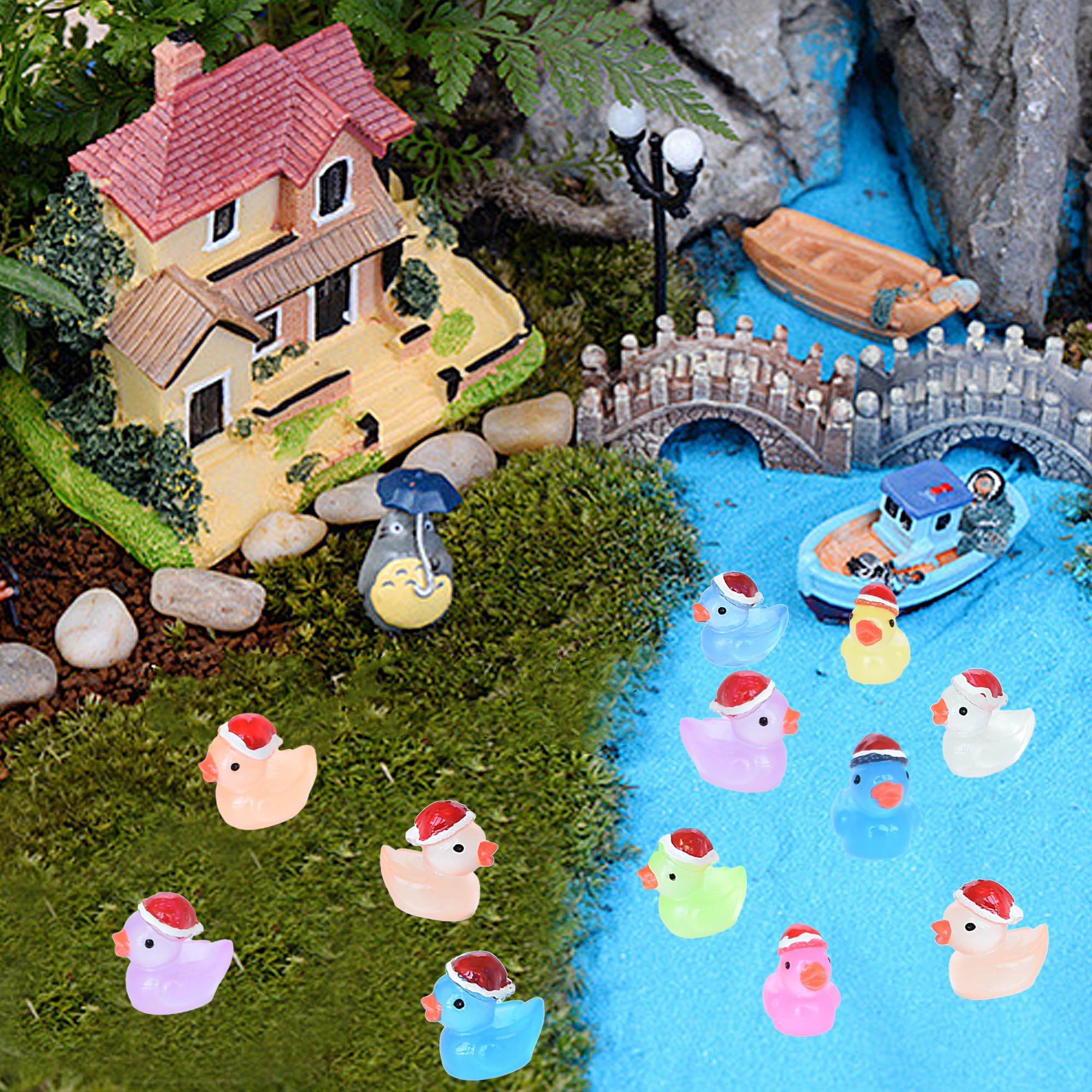 Tindobewan 50 PCS Tiny Ducks Glow in The Dark Mini Resin Ducks Miniature Christmas Hat Duck Figures Ornament for Xmas, Craft, Dollhouse, Slime, Home Decorations(10 Colors)