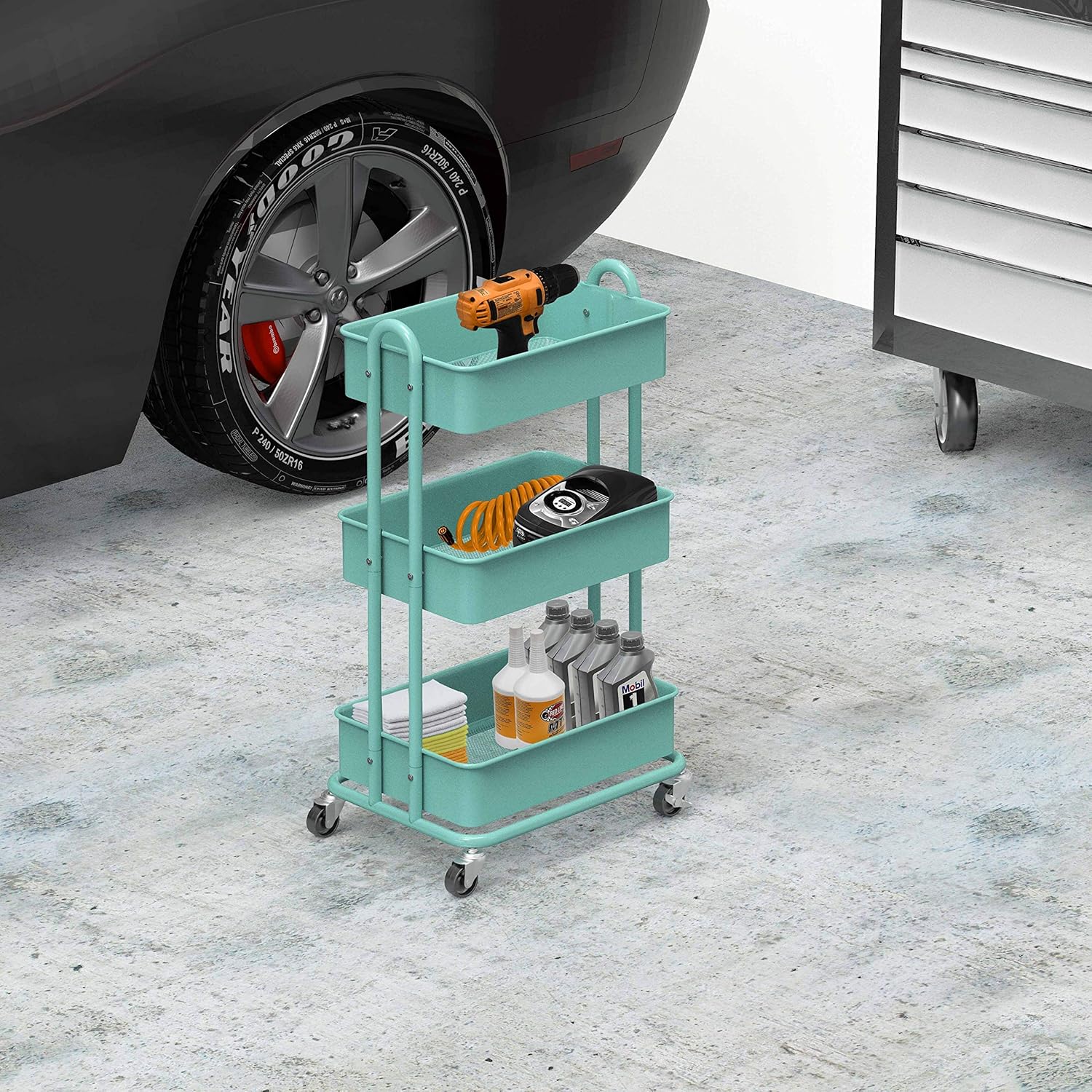 SimpleHouseware Heavy Duty 3-Tier Metal Utility Rolling Cart, Turquoise: Kitchen & Dining