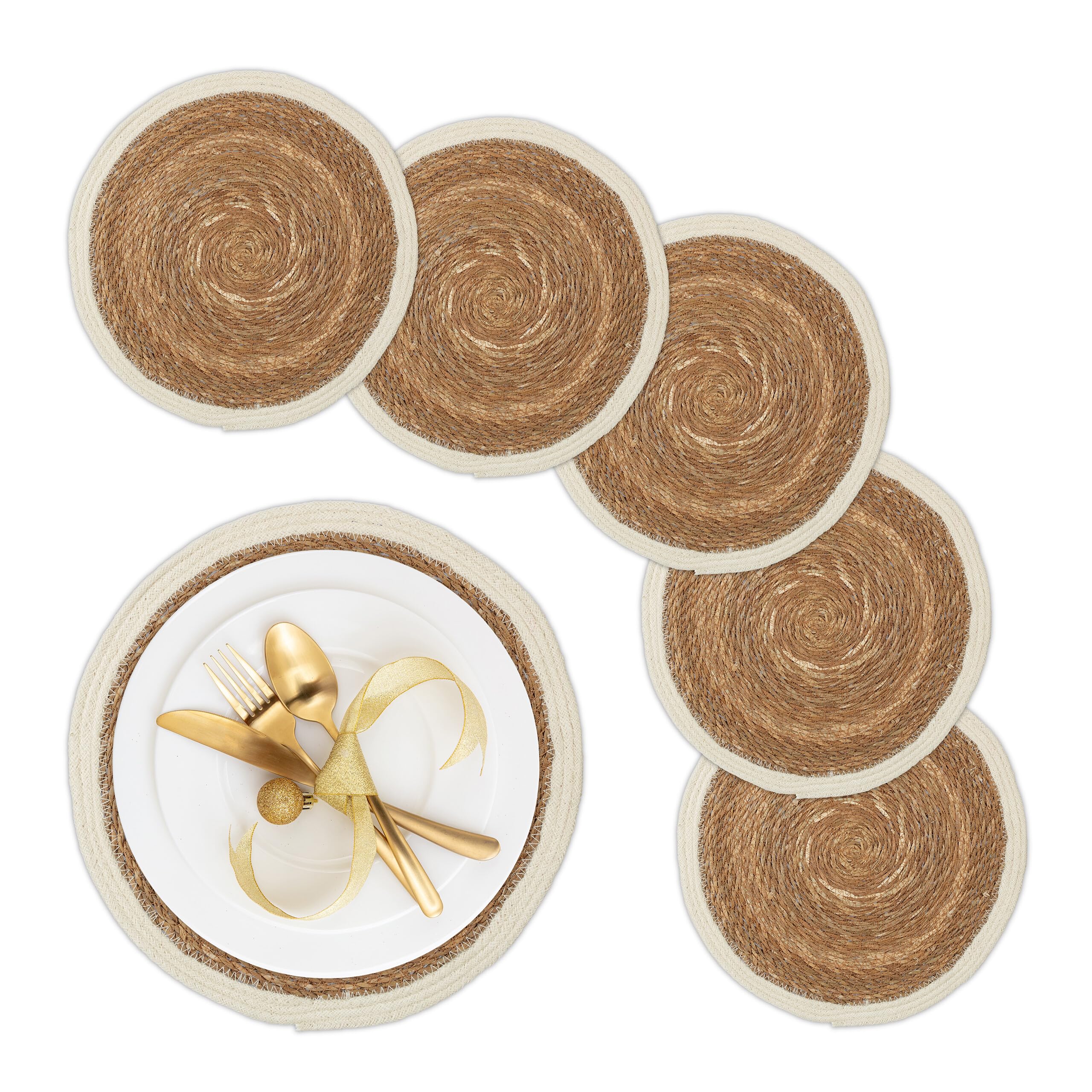 Relaxdays Place Mat Set, 6x Coaster, Tableware, Table Protector, Round, Ø 36 cm, Water Hyacinth Material, Natural/White, Plant fibre