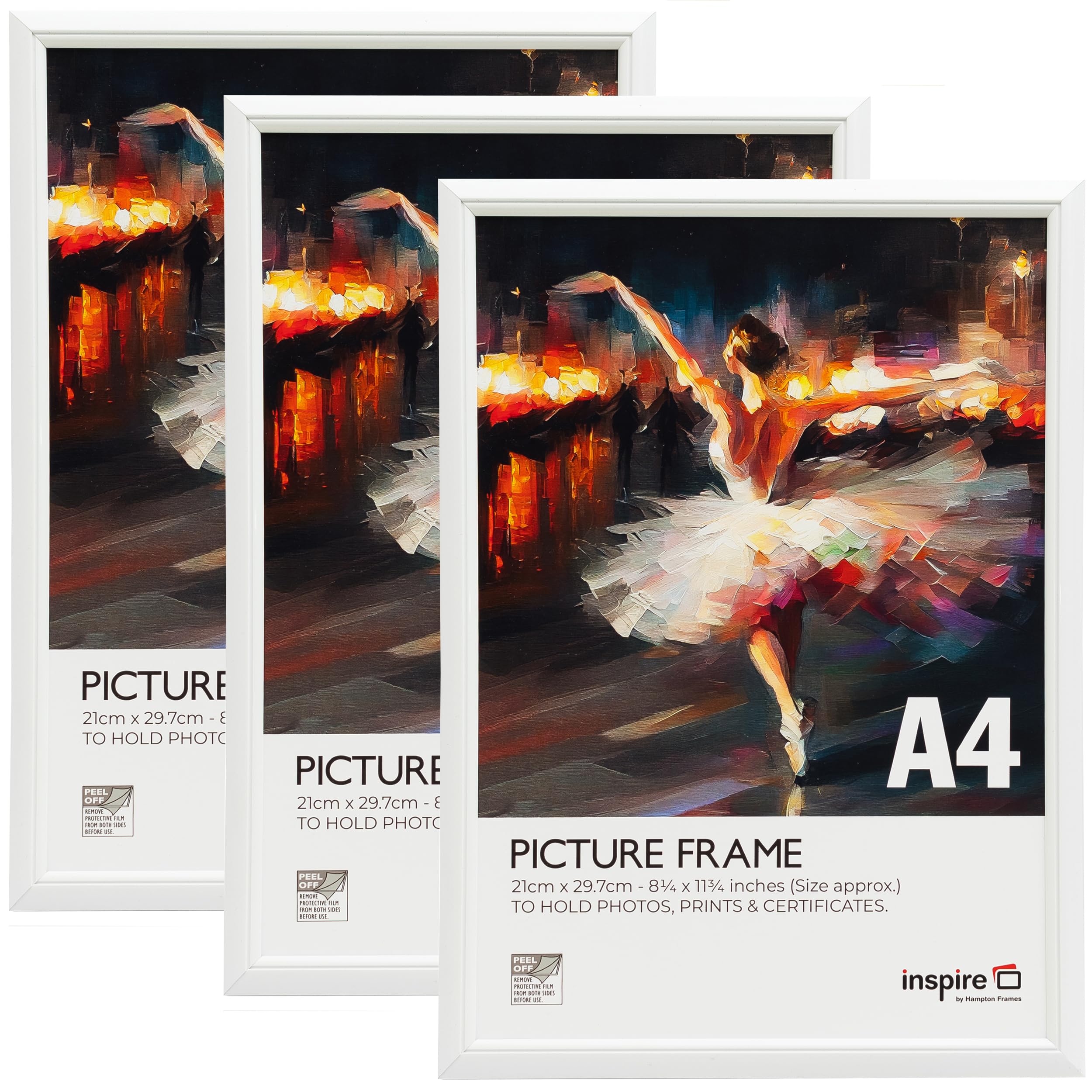 inspire by Hampton Frames | Picture Poster Frame Set | A4 (21x30cm), White, Plastic, 3-Pack | Foil Wrapped, Acrylic Front, Wall Mount or Freestanding | For Home Decor, Photo Display
