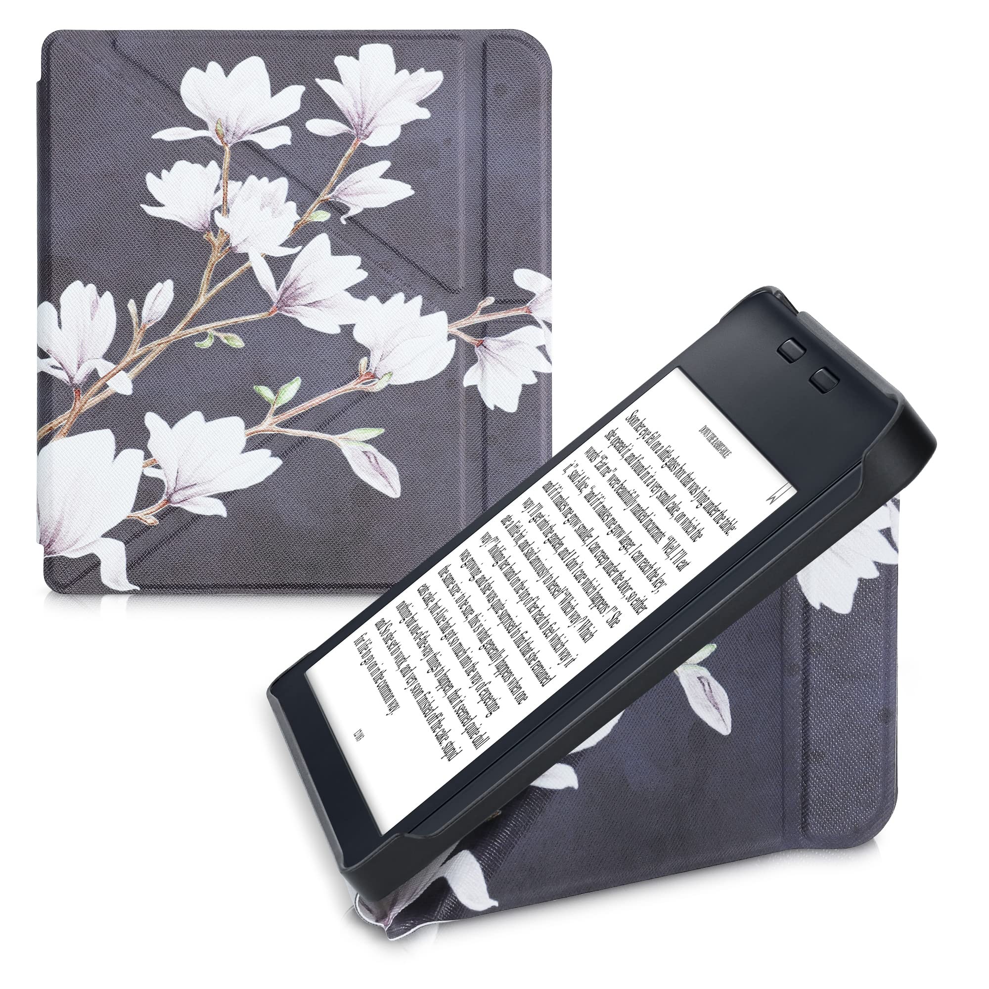 kwmobile Origami Case Compatible with Kobo Libra 2 - Case Slim Premium PU Leather Cover with Stand - Magnolias Taupe/White/Dark Grey