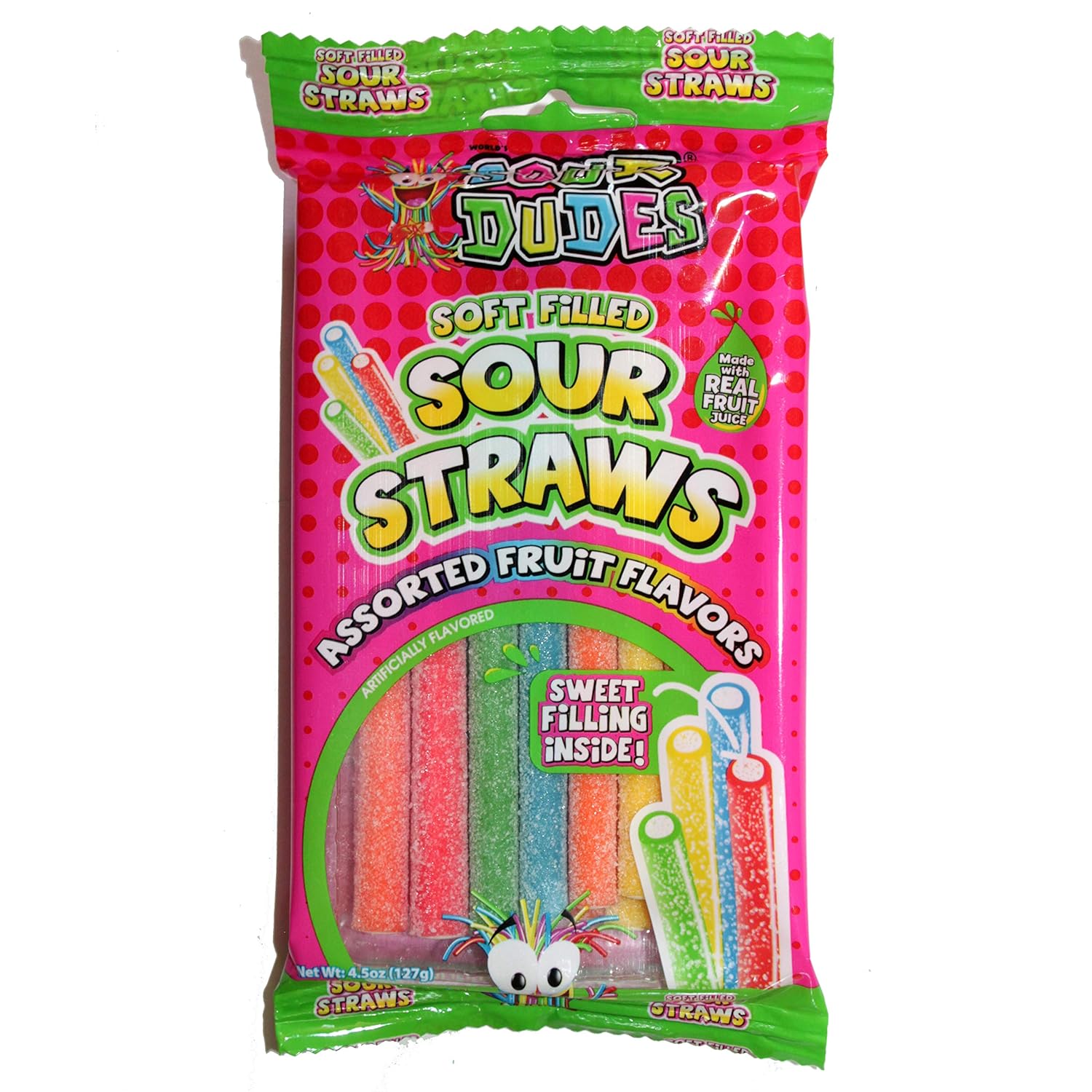 Sour Dudes (1) Pack Soft Filled Sour Straws With Sweet Filling Inside Assorted