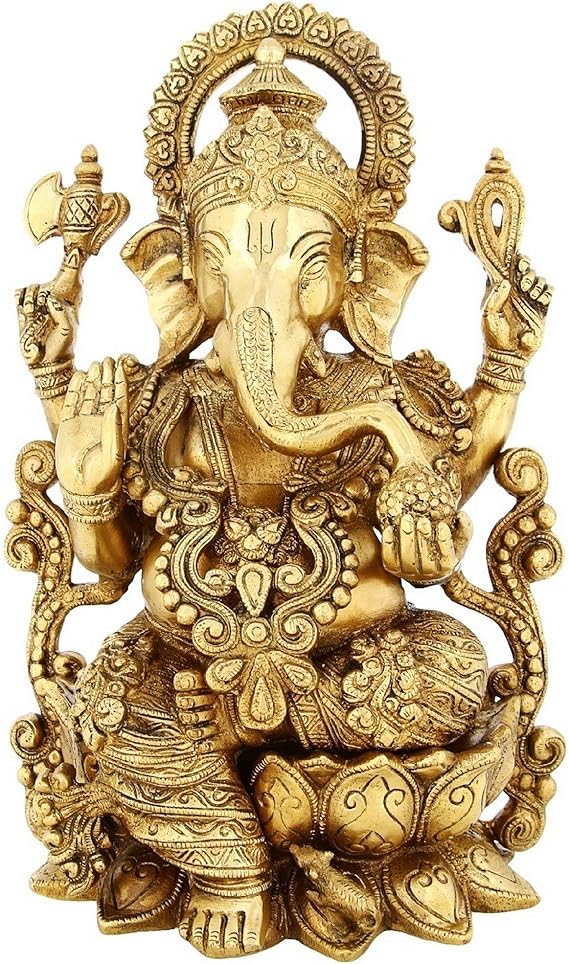 Brass Statue Ganesha Sitting On Lotus Large Indian Gift Items Hinduism