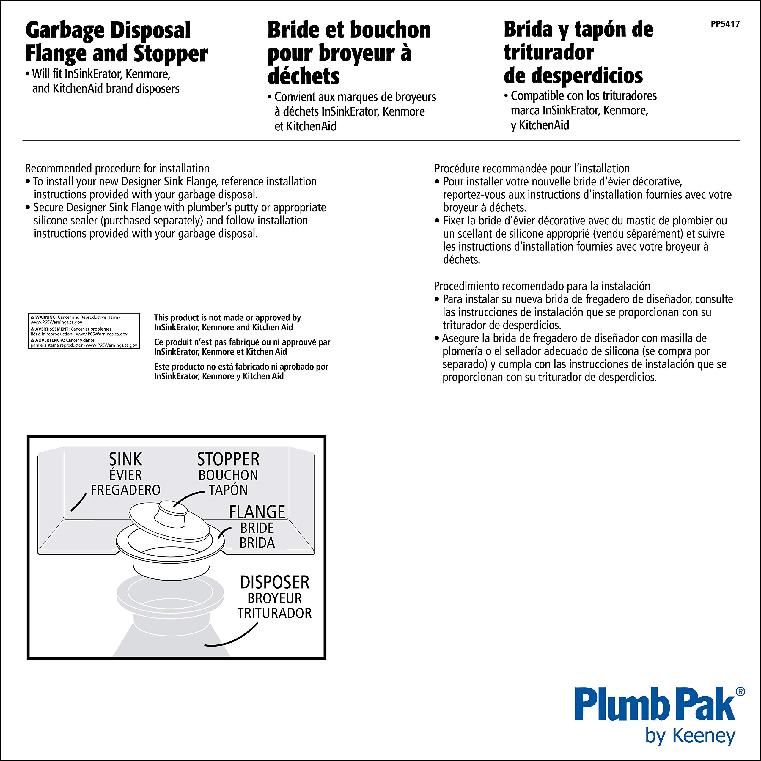 Plumb Pak PP5417DSBN Universal Garbage Disposal Flange and Stopper, Fits Standard 3-1/2-Inch Openings, Brushed Nickel