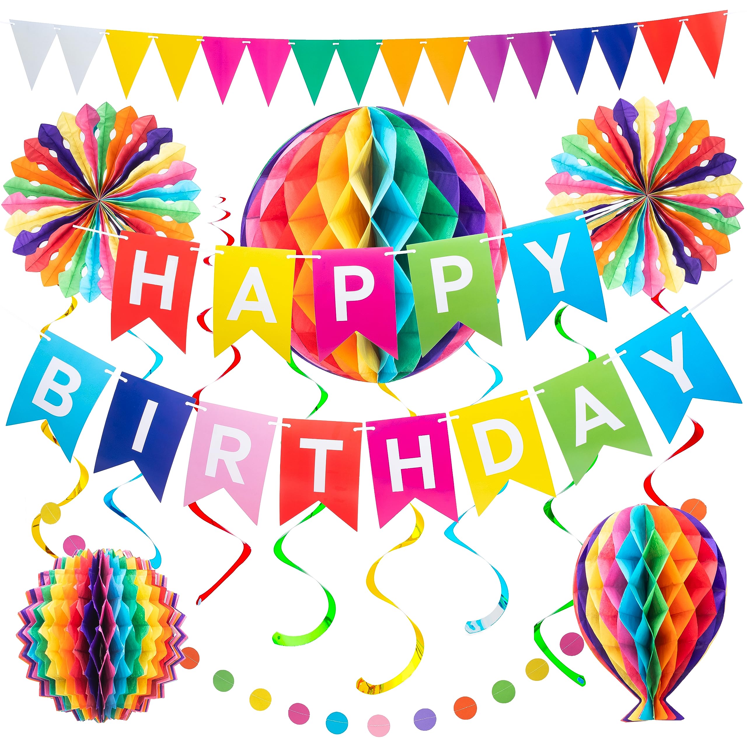 Birthday Party Decorations GENERISE Premium Happy Birthday Decorations Set - Honeycomb Rainbow - Includes Streamers, Fans, Bunting & More!