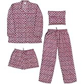Huar Women Pajama Set, 4 pcs Button Down Vacation Beach Cotton Set, Lounge wear PJ Set For Birthday