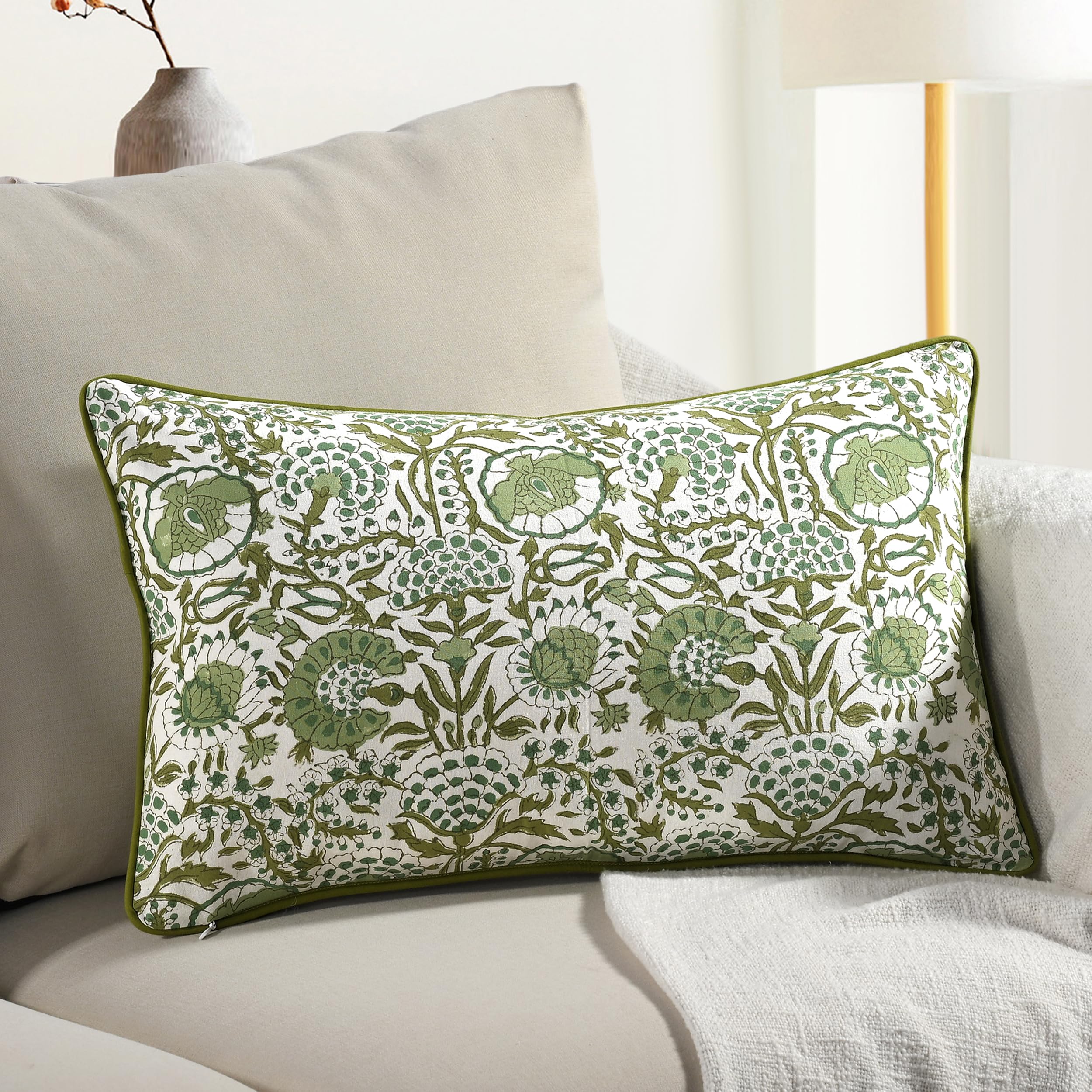 Photo 1 of CPC Agate Green 100% Cotton Block Print Sham Cover 12x20 inch, Handmade Boho Floral Pillowcase, Farmhouse Cottagecore Bedding, Soft Decorative Cushion Cover for Bedroom Décor