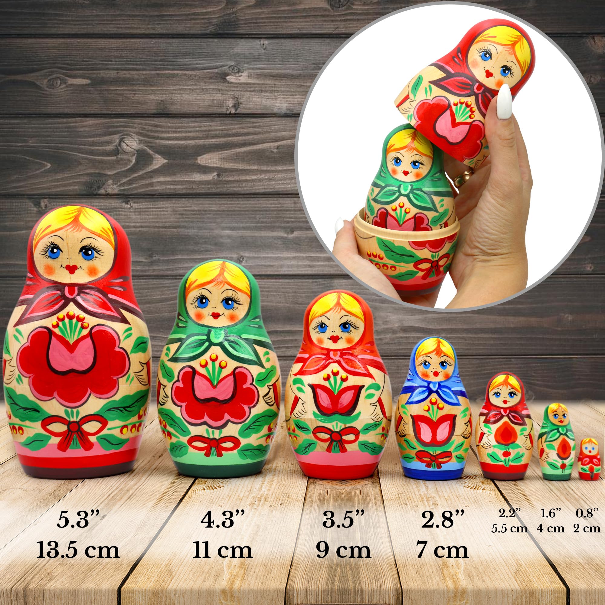 Russian Nesting Dolls for Adults Set 7 pcs - Wooden Matryoshka Dolls - Hand Painted Russian Dolls with Flower Decorations - Handmade Matryoshka Gifts