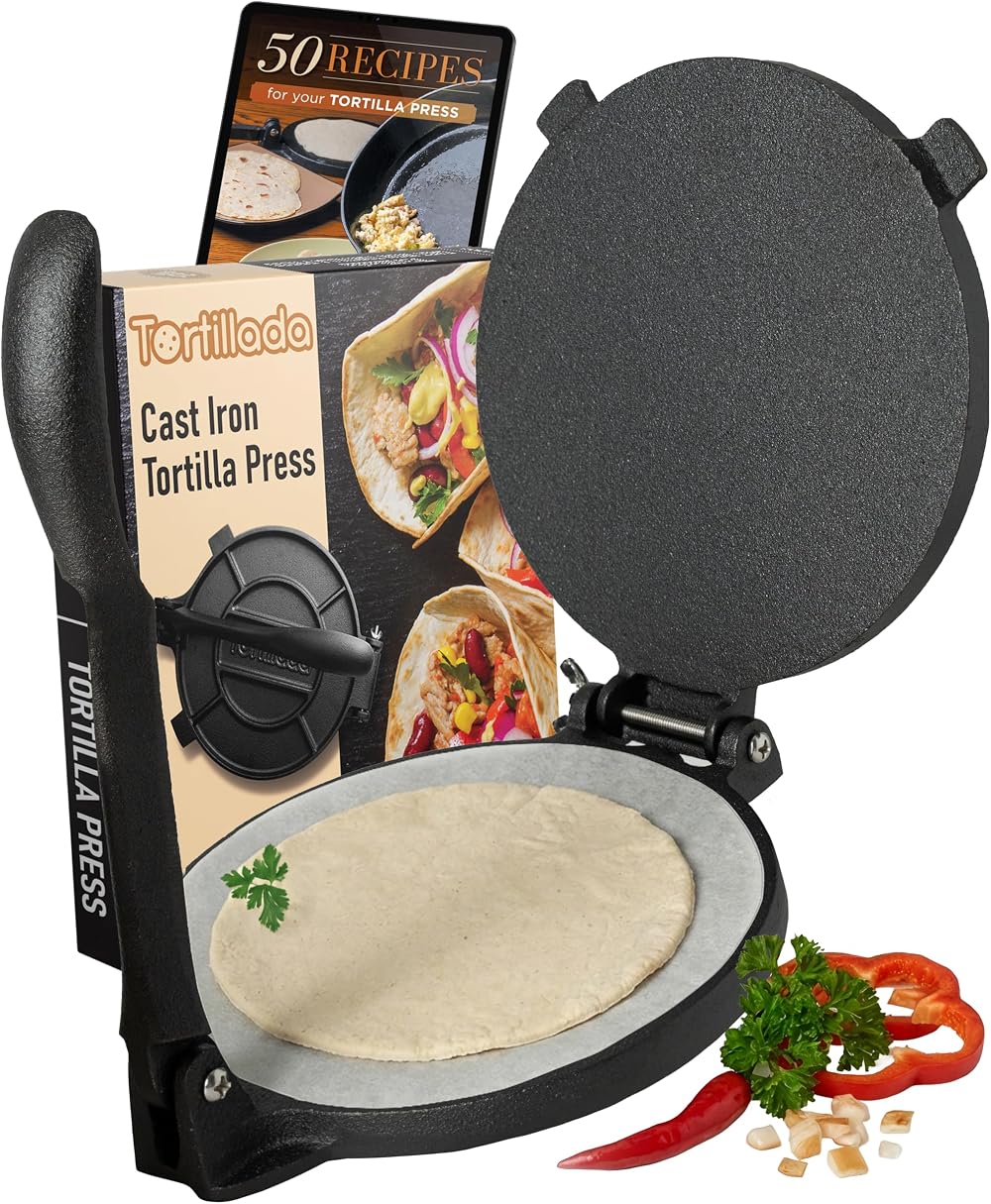 Tortillada Tortilla Press Cast Iron 25 cm with Recipe E-Book 50 Tortilla Recipes
