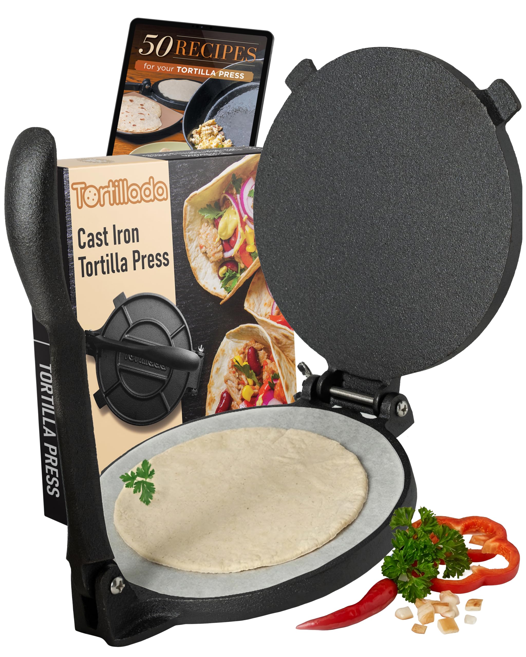 Tortillada – Tortilla Press, Quesadilla/Roti Maker (25 cm) Cast Iron with Recipes E-Book 50 Tortilla Recipes