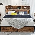 LIKIMIO Queen Bed Frame with Tall Bookcase Headboard and Charging Station, Sturdy and No Noise Platform Bed, No Box Spring Needed, Easy Assembly, Vintage Brown