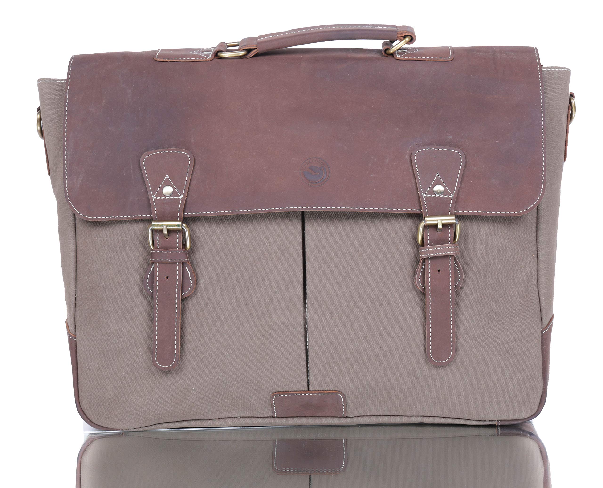 OVERDOSE 16" Leather Canvas Buff Laptop Messenger Bag Satchel Office Briefcase College Bag Leather Bag for Men and Women