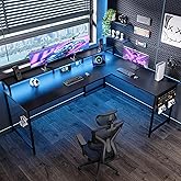 Pamray 64 Inch L Shaped Gaming Desk with Power Outlets and Led Lights, Large Corner Computer Desk with Monitor Stand and Pegboard, PC Table for Home Office and Bedroom Black