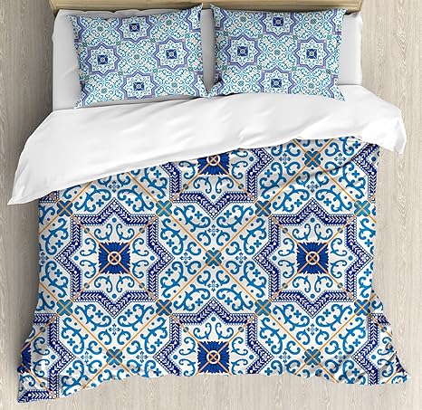 Amazon モロッコ布団カバーセットby Ambesonne モロッコポルトガル語スタイルクラシックタイルornaments Islamic Historical Buildingsアート 装飾寝具セット枕 ブルーホワイト キング Nev King 寝具カバーセット オンライン通販
