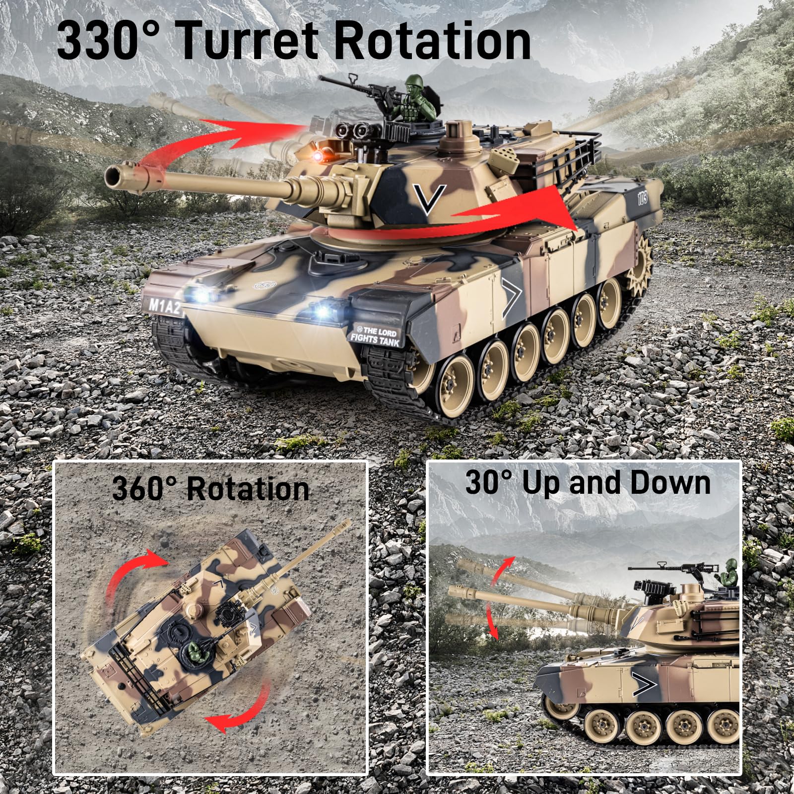 Supdex 1:18 RC Tank, 2.4Ghz US M1A2 Remote Control Tank Model Toys, 15 Channel Battle Army Toy with Smoke Effects, Light and Sound, RC Military Truck for Adults and Kids That Shoots BBS, Water Bombs