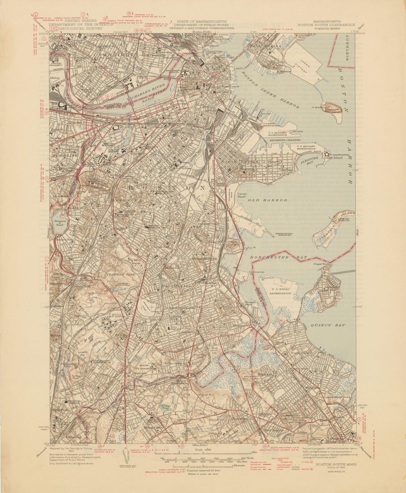 Historic Pictoric Map - USGS 7.5 Minute Sheets and Quadrangles, Boston & Dorchester & Milton 1946 Topographic - Vintage Poster Art Reproduction - 24in x 18in