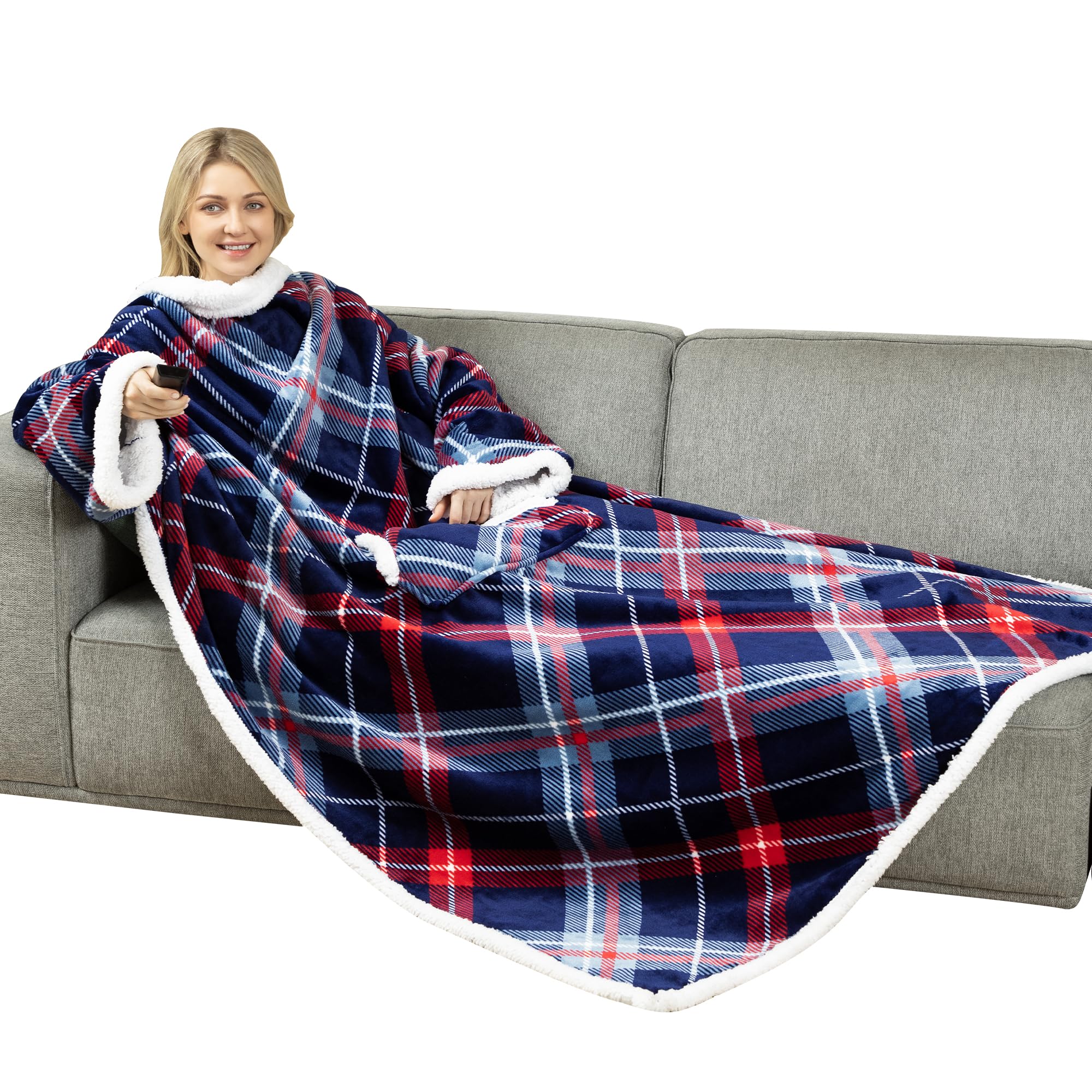 Winthome Double Warmer Wearable Blanket with Sleeves, Super Soft Sherpa Blanket for Adult Women Men (Plaid Blue)