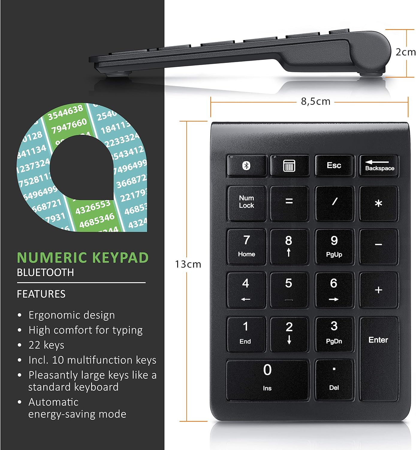 aplic, Bluetooth Numpad 22 Keys, Multimedia Keys, One Handed, Number Pad, 10 Multifunction Keys, Inclined Keyboard - Image 3