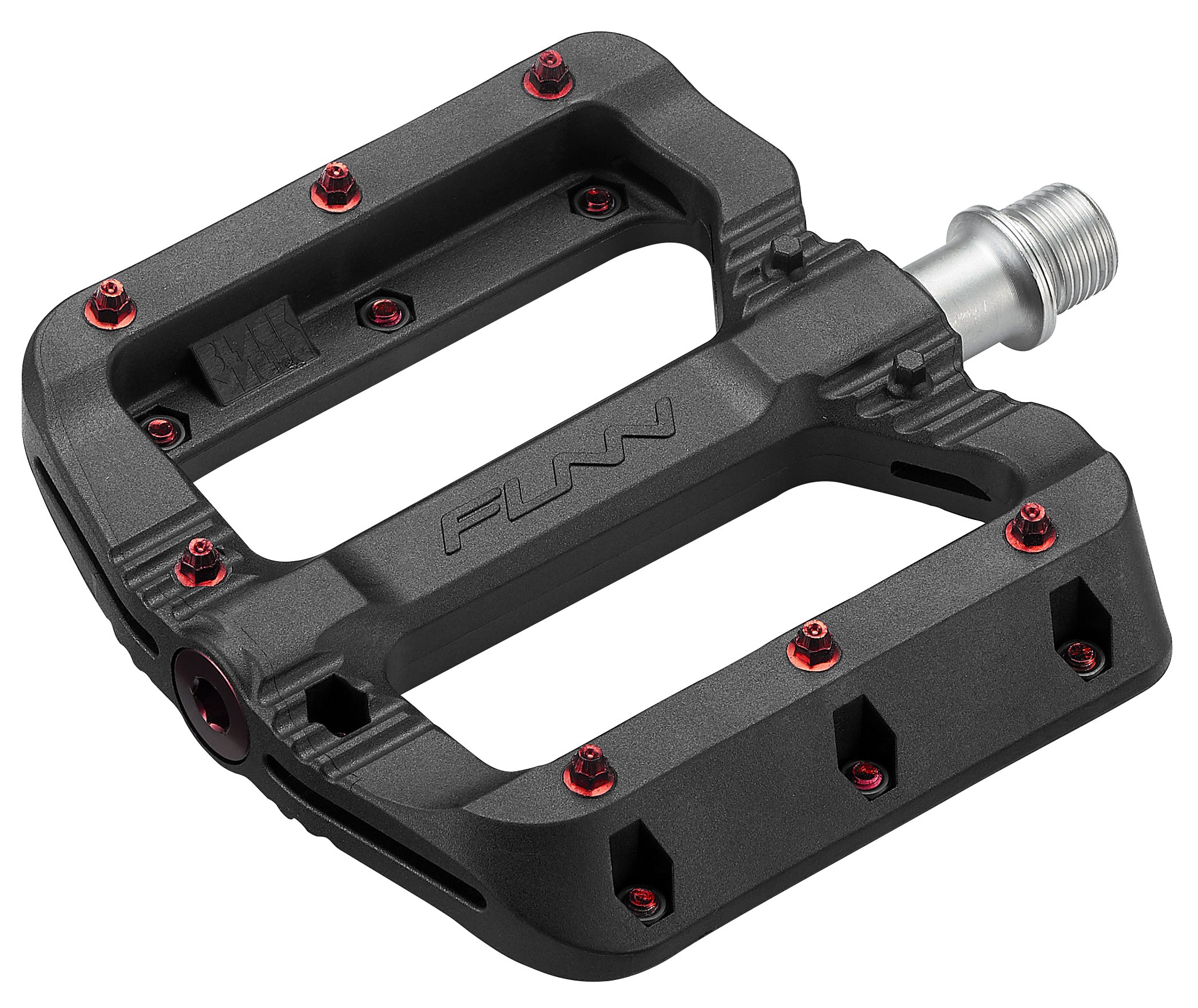 Funn Black Magic Plastic Flat Mountain Bike Pedal Set - Lightweight Wide Platform Bicycle Pedals for Stability, 9/16-inch CrMo Axle Bike Pedals for MTB/BMX/Urban/Gravel Riding (Red Pins) — image 1