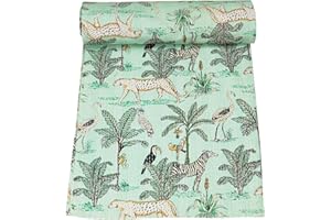 Marubhumi Indian Traditional Pure Cotton Jungle Print Kantha Quilt, Bed Cover Throw Animal Printed Kantha Quilts Multi Color (Mint, Twin (60"x 90"))