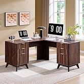 T4TREAM 60-Inch Modern Fluted L-Shaped Executive Desk, Dark Walnut | Charging Station, File Drawer, Storage Cabinet, Organized Corner Workspace for Home, Office, Bedroom
